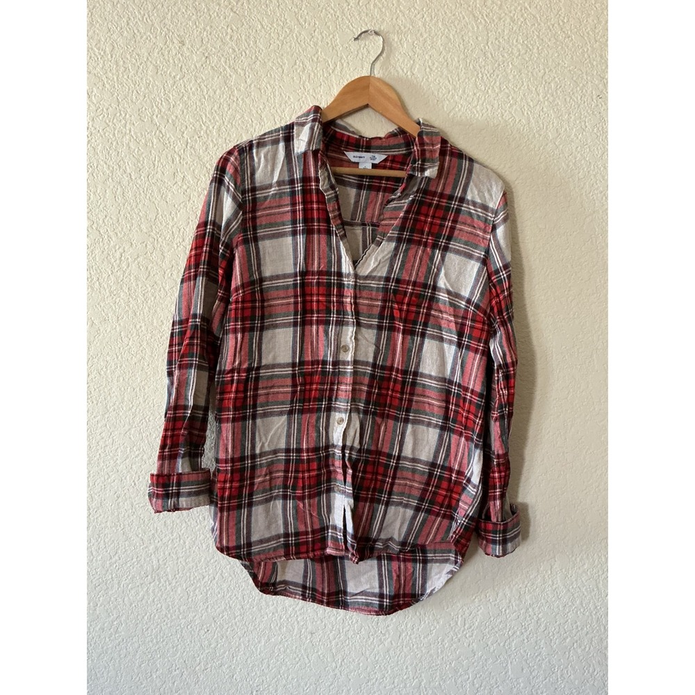 Old Navy The Classic Shirt L Tall Red White Blue Plaid Flannel Button Down